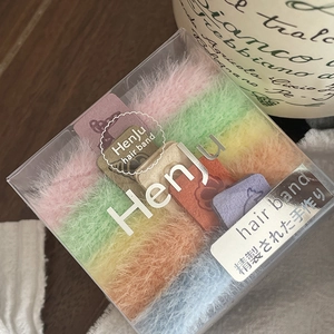 Close-up of colorful plush hair scrunchies set in a transparent gift box packaging