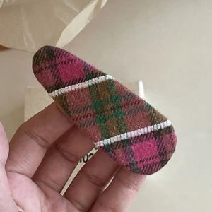 Pink and brown plaid tweed snap hair clip with a vintage autumn style for girls