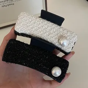 French Vintage Tweed Hair Claw Clip Large Faux Artificial Pearl Plaid Elegant Shark Hair Clip For Women Daily Fashion Accessories