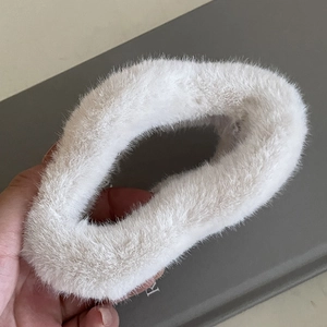 Winter fluffy faux rabbit fur hair scrunchie in white, soft plush elastic hair accessory