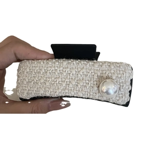 Elegant white tweed hair claw clip with large pearl detail for back of head bun