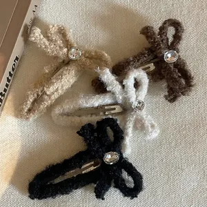 Élégante Barrette Cheveux Nœud en Peluche Avec Strass Doux Laine d'Agneau Pince BB Accessoires Cheveux Femme Fille