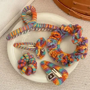Barrettes à Cheveux Arcobaleno Tricotées à la Main Nœud en Fil Clips BB Pince Requin Vintage Élastiques Multicolores
