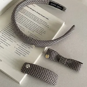 Vintage Houndstooth Fabric Hair Accessories Retro Elegant Headband Rectangular BB Hair Clip Women Daily Office Hairpin
