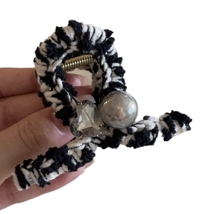 Elegant tweed hair claw clip with grey pearl and heart crystal for a luxury hairstyle