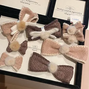 Maillard Brown Knit Bow Hair Clip Autumn Winter Girls Coffee Fur Pom Pom BB Clip Side Fringe Clip Bowknot Hair Tie Accessory