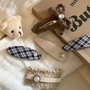 Combinaison de Pinces à Cheveux à Nœud Vichy Marron Pour Femmes Enfants Mignon Épingle à Cheveux à Fleurs Brodées Cœur Strass Fausse Künstliche Perle Accessoires