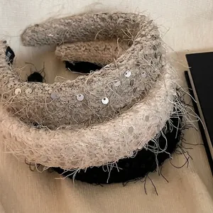 Korean Vintage Sequin Tweed Padded Headband For Women Elegant High Skull Top Hair Hoop Retro Shiny Sequin Hair Accessories