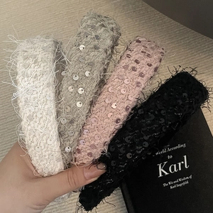 Elegant Korean style sequin tweed headbands with fringe in white gray pink and black