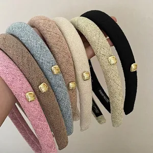 Korean Vintage Woolen Fabric Headband For Women Elegant Thin Hairband With Square Gold Metal Buckle Retro Hair Accessories