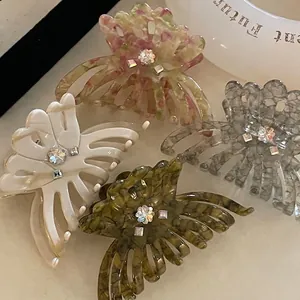 Pince à Cheveux Élégante en Acétate Fleur pour Femmes Strass Évidée Pince Requin Épingle à Cheveux Accessoire de Mode