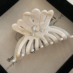 Détail de la pince à cheveux élégante fleur crème avec strass dans une boîte cadeau