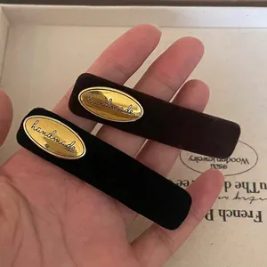 Vintage Velvet Hair Clip French Style Gold Metal Label Handmade Elegant Hairpin For Women Daily Fashion Hair Accessory