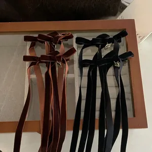 Vintage Velvet Bow Hair Clip With Long Streamers Wine Red Black Ribbon Hairpin Elegant Alloy Pendant Duckbill Side Clip