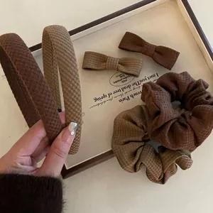 Brown Plaid Fabric Hair Accessories Set Bow Hair Clip Scrunchie High Top Headband Vintage Fashion Women Hair Decoration