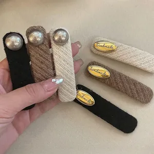French Vintage Knitted Fabric Hair Clips For Women Elegant BB Clip With Metal Bead Gold Plate Handmade Letter Fashion Hair Accessories