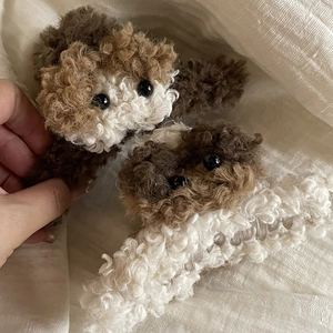 Cute puppy plush hair claw clip for women in soft brown and white faux fur material