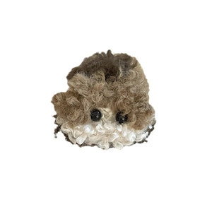 Cute brown and beige curly plush dog hair claw clip with black eyes on white background
