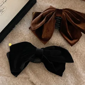 Elegant Velvet Bow Hair Claw Clip For Women Soft Handmade Oversized Shark Clip Khaki Brown Black Aesthetic Hair Accessories