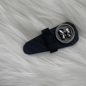 Plaid suit fabric BB hair clip with vintage silver bow and bead-rimmed decoration