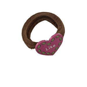 Brown high-elastic hair tie with a pink heart pendant and Like text on white background