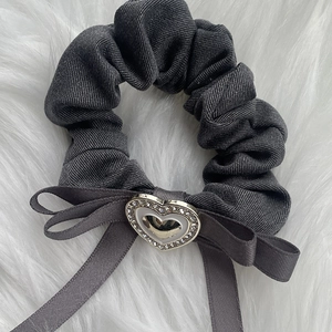 Dark grey plaid fabric hair scrunchie with heart crystal bow, Korean style hair accessory