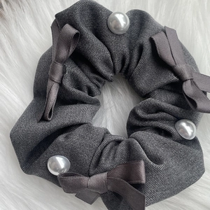 Elegant dark grey plaid hair scrunchie with white faux pearls and a delicate ribbon bow