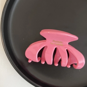 Pink French style oval hair claw clip with golden lettering on black round tray