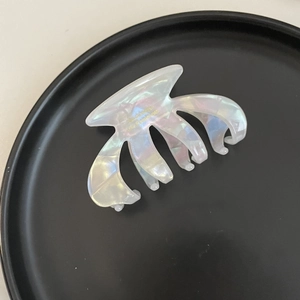 Detailed close-up of iridescent white claw clip with gold lettering on a black tray