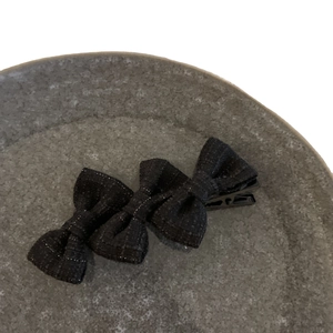 Elegant black tweed bow hair clip with three bows and sparkling metallic thread accents