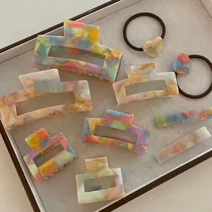 Pince à Cheveux Rétro Française en Acétate Marbré pour Femme Texture Peinture à l'Huile Macaron Multicolore Pince Géométrique