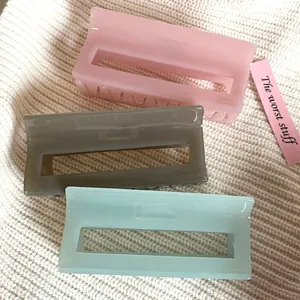 Elegant set of 3 hollow rectangular acetate hair claws in pink, taupe and mint green