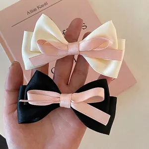 French Sweet Satin Bow Hair Clip Double Layer Contrast Color Duckbill Clip For Women Girls Elegant Hair Styling Accessories