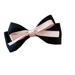 French style double-layered satin bow hair clip in black and pink for elegant hairstyles