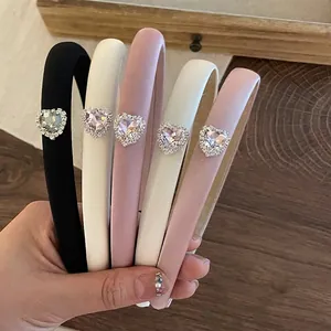 Pink and beige satin headband with heart rhinestone decoration for women