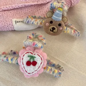 Handmade Woolen Felt Bear Strawberry Shark Claw Clip For Women Girls Cute Floral Embroidery Hair Tie Hair Accessory