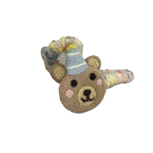 Handmade brown wool felt bear hair claw clip with colorful rainbow yarn wrap detail