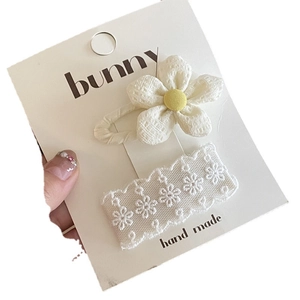 Cute white fabric flower and lace bow hair clip set for girls and babies