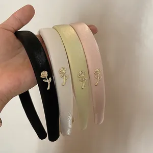 French Style Elegant Satin Padded Sponge Headband With Metal Rose For Women High Top Fashion Hair Accessory Headpiece