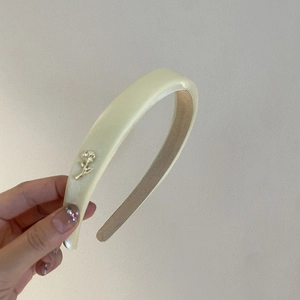 Elegant cream yellow satin wide headband with small metallic rose detail for women