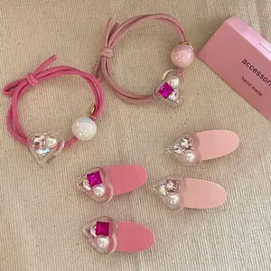Sweet Pink Heart Hair Clip And Elastic Hair Tie Rhinestone Artificial Pearl Decorative Headwear Fashion Accessory For Women Girls