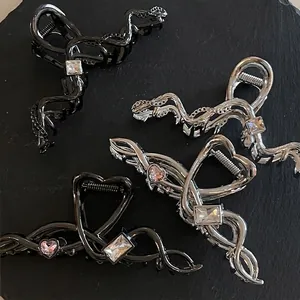 Elegant Heart Snake Alloy Rhinestone Hair Claw Clip Gun Black Silver Metallic Shark Clips For Women Hair Accessories