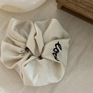 French style beige satin scrunchie with Love embroidery for elegant hair styling