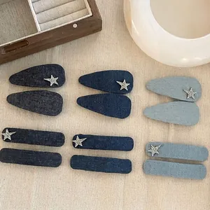 Vintage Denim Fabric Star BB Hair Clips For Women Rhinestone Star Hairpins Daily Use Stylish Fashion Hair Accessories