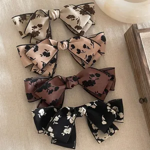 French Retro Floral Bow Hair Clip Elegant Satin Cloth Art Ponytail Spring Clip Sweet Large Bow Hairpin Women Daily Accessories