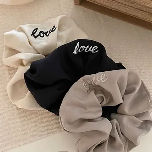 French Vintage Satin Scrunchie Love Embroidery Large Elastic Hair Tie Ribbon For Women Girls Fashion Hair Accessories