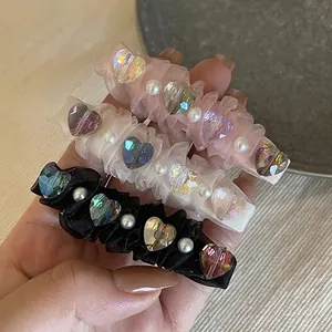 Elegant Mesh Ruffle Hair Clip For Women Sweet Heart Crystal Artificial Pearl Duckbill Clip Korean Style Fairy Hair Accessories