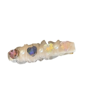 Chiffon bow hair clip with colorful crystal hearts and pearls in Korean style