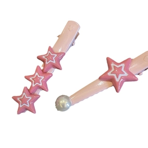 Set aus rosa Stern- und Perlen-Haarspangen mit süßen Metall-Entenschnabel-Clips für Mädchen