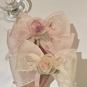 Pink gauze bow hair clip with fabric flowers and pearls for women hair accessories